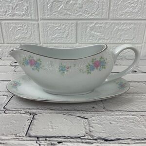 Prestige China Garden Gravy Boat with Underplate Stand Fine Porcelain